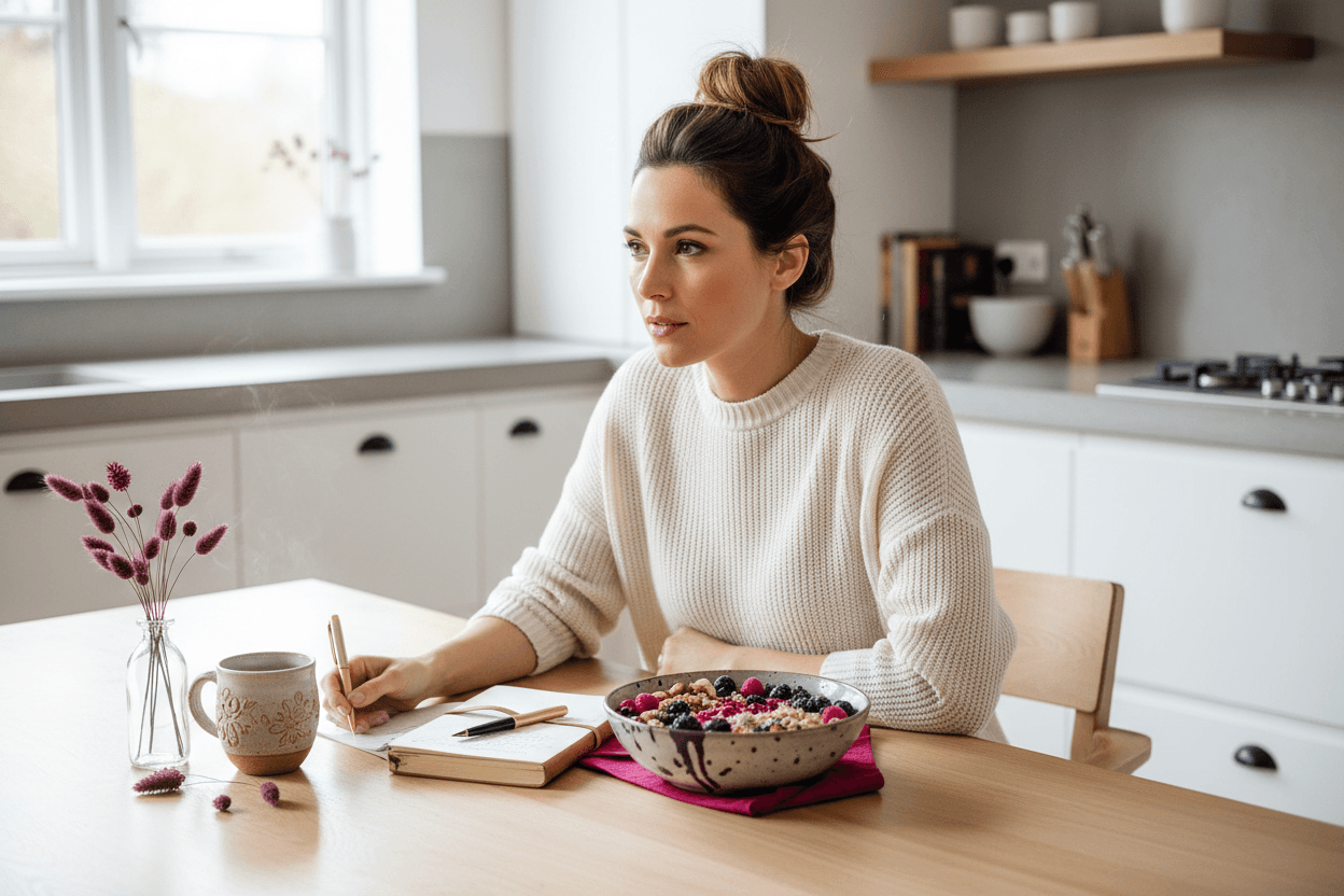A woman journaling at her kitchen counter with a healthy breakfast bowl — reflecting on her habits and personality.